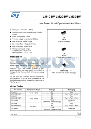 LM124WN datasheet - Low Power Quad Operational Amplifiers
