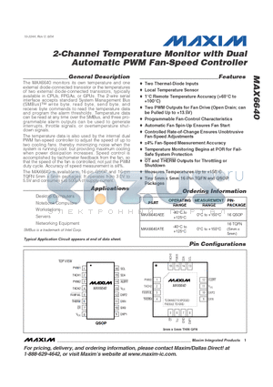 MAX6640AEE datasheet - 2-Channel Temperature Monitor with Dual Automatic PWM Fan-Speed Controller