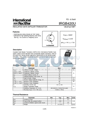 IRGB420U datasheet - INSULATED GATE BIPOLAR TRANSISTOR(Vces=500V, @Vge=15V, Ic=7.5A)