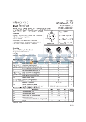 IRGB4B60KD1PBF datasheet - INSULATED GATE BIPOLAR TRANSISTOR WITH ULTRAFAST SOFT RECOVERY DIODE