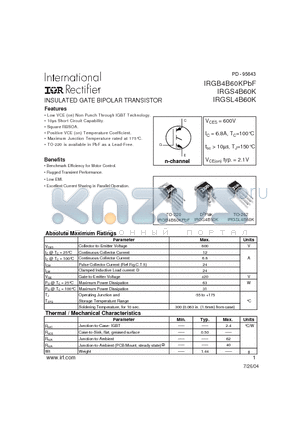 IRGB4B60KPBF datasheet - INSULATED GATE BIPOLAR TRANSISTOR