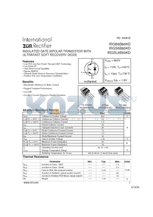 IRGB6B60KD datasheet - INSULATED GATE BIPOLAR TRANSISTOR WITH ULTRAFAST SOFT RECOVERY DIODE