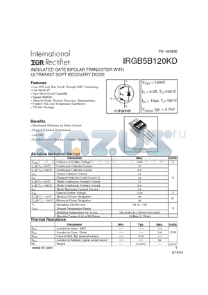 IRGB5B120KD datasheet - INSULATED GATE BIPOLAR TRANSISTOR WITH ULTRAFAST SOFT RECOVERY DIODE