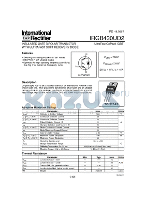 IRGB430UD2 datasheet - INSULATED GATE BIPOLAR TRANSISTOR WITH ULTRAFAST SOFT RECOVERY DIODE(Vces=500V, @Vge=15V, Ic=15A)