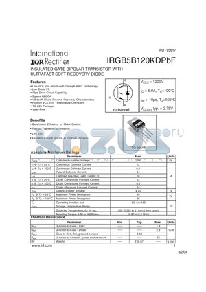 IRGB5B120KDPBF datasheet - INSULATED GATE BIPOLAR TRANSISTOR WITH ULTRAFAST SOFT RECOVERY DIODE