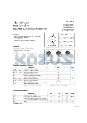 IRGB6B60K datasheet - INSULATED GATE BIPOLAR TRANSISTOR