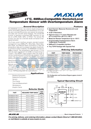 MAX6642ATT96-T datasheet - a1`C, SMBus-Compatible Remote/Local Temperature Sensor with Overtemperature Alarm
