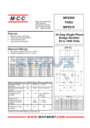 MP2510 datasheet - 25 Amp Single Phase Bridge Rectifier 50 to 1000 Volts