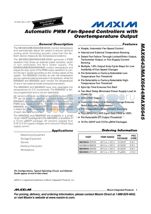 MAX6643 datasheet - Automatic PWM Fan-Speed Controllers with Overtemperature Output