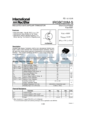 IRGBC20M-S datasheet - INSULATED GATE BIPOLAR TRANSISTOR(Vces=600V, @Vge=15V, Ic=8.0A)