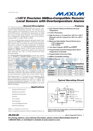 MAX6646_07 datasheet - 145`C Precision SMBus-Compatible Remote/ Local Sensors with Overtemperature Alarms