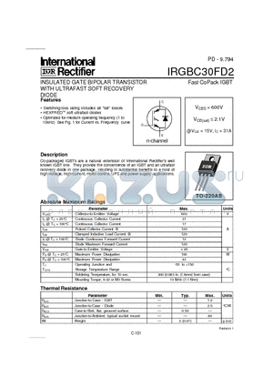 IRGBC30FD2 datasheet - INSULATED GATE BIPOLAR TRANSISTOR WITH ULTRAFAST SOFT RECOVERY(Vces=600V, @Vge=15V, Ic=31A)