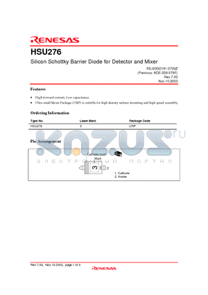 HSU276 datasheet - Silicon Schottky Barrier Diode for Detector and Mixer