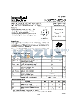 IRGBC20MD2-S datasheet - INSULATED GATE BIPOLAR TRANSISTOR WITH ULTRAFAST SOFT RECOVERY DIODE(Vces=600V, @Vge=15V, Ic=8.0A)