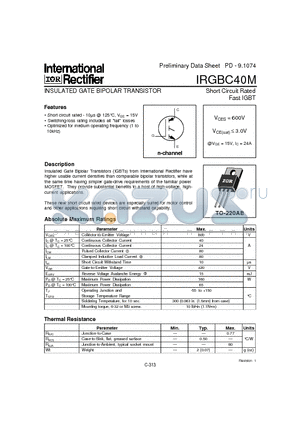 IRGBC40M datasheet - INSULATED GATE BIPOLAR TRANSISTOR