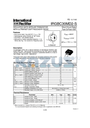 IRGBC30MD2-S datasheet - INSULATED GATE BIPOLAR TRANSISTOR WITH ULTRAFAST SOFT RECOVERY DIODE(Vces=600V, @Vge=15V, Ic=16A)