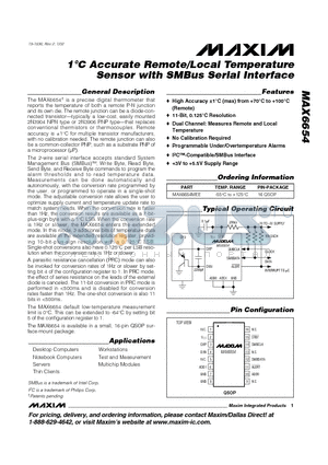 MAX6654MEE datasheet - 1`C Accurate Remote/Local Temperature Sensor with SMBus Serial Interface