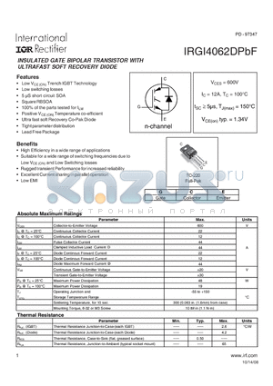 IRGI4062DPBF datasheet - INSULATED GATE BIPOLAR TRANSISTOR WITH ULTRAFAST SOFT RECOVERY DIODE