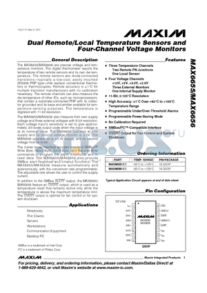 MAX6655 datasheet - Dual Remote/Local Temperature Sensors and Four-Channel Voltage Monitors