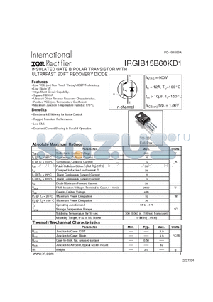 IRGIB15B60KD1 datasheet - INSULATED GATE BIPOLAR TRANSISTOR WITH ULTRAFAST SOFT RECOVERY DIODE