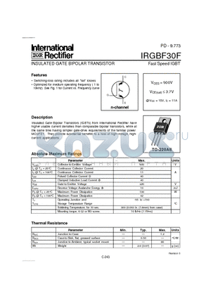 IRGBF30 datasheet - INSULATED GATE BIPOLAR TRANSISTOR(Vces=900V, @Vge=15V, Ic=11A)