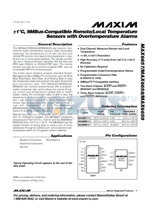MAX6657MSA datasheet - a1`C, SMBus-Compatible Remote/Local Temperature Sensors with Overtemperature Alarms