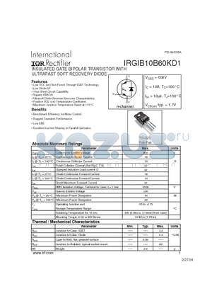 IRGIB10B60KD1 datasheet - INSULATED GATE BIPOLAR TRANSISTOR WITH ULTRAFAST SOFT RECOVERY DIODE