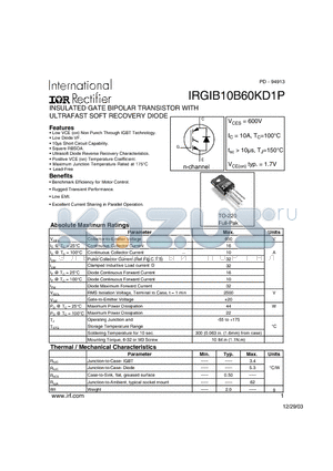 IRGIB10B60KD1P datasheet - INSULATED GATE BIPOLAR TRANSISTOR WITH ULTRAFAST SOFT RECOVERY DIODE