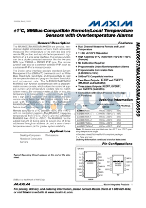 MAX6657 datasheet - 1`C, SMBus-Compatible Remote/Local Temperature Sensors with Overtemperature Alarms