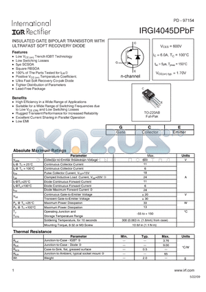 IRGI4045DPBF datasheet - INSULATED GATE BIPOLAR TRANSISTOR WITH ULTRA FAST RECOVERY DIODE