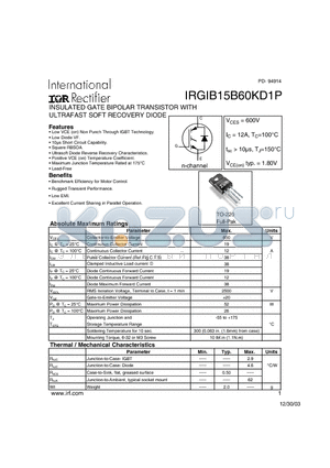 IRGIB15B60KD1P datasheet - INSULATED GATE BIPOLAR TRANSISTOR WITH ULTRAFAST SOFT RECOVERY DIODE