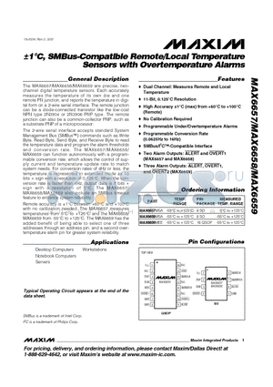 MAX6658MSA datasheet - a1`C, SMBus-Compatible Remote/Local Temperature Sensors with Overtemperature Alarms