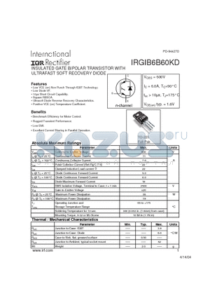 IRGIB6B60KD datasheet - INSULATED GATE BIPOLAR TRANSISTOR WITH ULTRAFAST SOFT RECOVERY DIODE