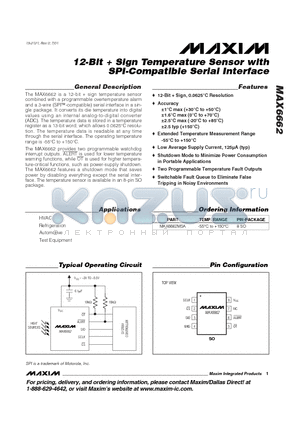 MAX6662MSA datasheet - 12-Bit  Sign Temperature Sensor with SPI-Compatible Serial Interface