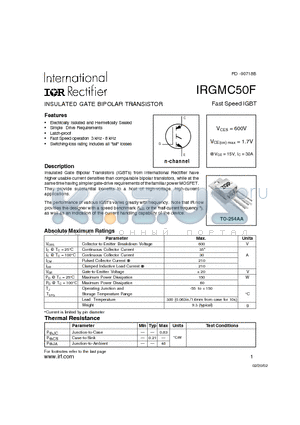 IRGMC50F datasheet - INSULATED GATE BIPOLAR TRANSISTOR Fast Speed IGBT