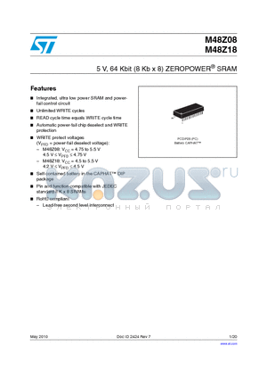 M48Z08-100PC1 datasheet - 5 V, 64 Kbit (8 Kb x 8) ZEROPOWER^ SRAM