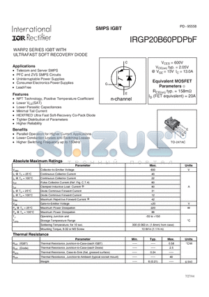 IRGP20B60PDPBF datasheet - WARP2 SERIES IGBT WITH ULTRAFAST SOFT RECOVERY DIODE