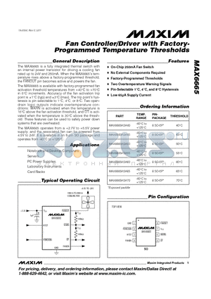 MAX6665ASA40 datasheet - Fan Controller/Driver with Factory- Programmed Temperature Thresholds