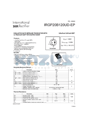IRGP20B120UD-EP datasheet - insulated gate bipolar transistor with ultrafast soft recovery didoe