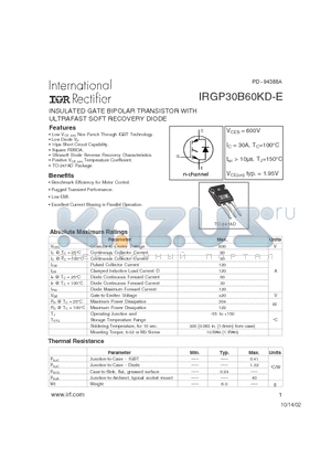 IRGP30B60KD-E datasheet - INSULATED GATE BIPOLAR TRANSISTOR WITH ULTRAFAST SOFT RECOVERY DIODE