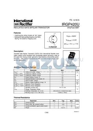 IRGP420U datasheet - INSULATED GATE BIPOLAR TRANSISTOR(Vces=500V, @Vge=15V, Ic=7.5A)