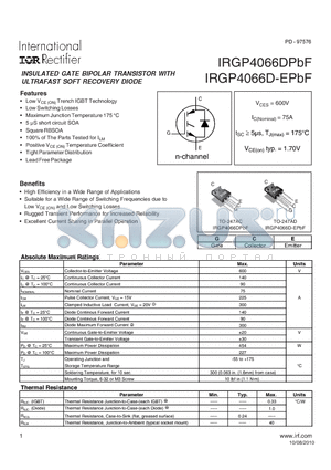 IRGP4066D-EPBF datasheet - INSULATED GATE BIPOLAR TRANSISTOR