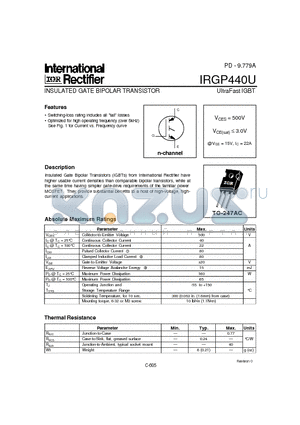 IRGP440U datasheet - INSULATED GATE BIPOLAR TRANSISTOR(Vces=500V, @Vge=15V, Ic=22A)