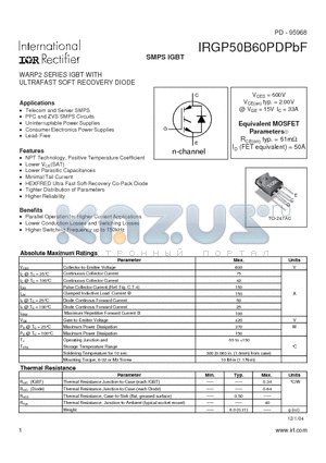 IRGP50B60PDPBF datasheet - WARP2 SERIES IGBT WITH ULTRAFAST SOFT RECOVERY DIODE