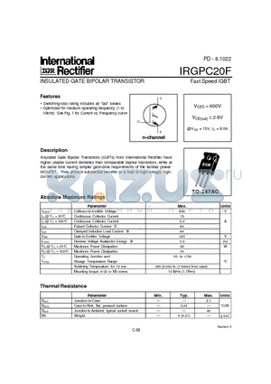 IRGPC20F datasheet - INSULATED GATE BIPOLAR TRANSISTOR(Vces=600V, @Vge=15V, Ic=9.0A)