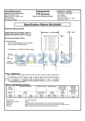 LVR040S datasheet - PolySwitch PTC Devices Overcurrent Protection Device