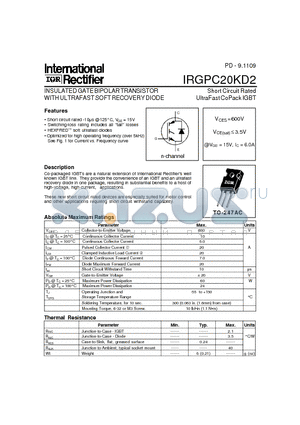 IRGPC20KD2 datasheet - INSULATED GATE BIPOLAR TRANSISTOR WITH ULTRAFAST SOFT RECOVERY DIODE