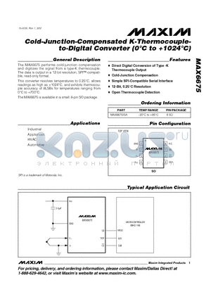 MAX6675ISA datasheet - Cold-Junction-Compensated K-Thermocoupleto-Digital Converter (0`C to 1024`C)