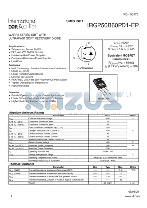 IRGP50B60PD1-EP datasheet - WARP2 SERIES IGBT WITH ULTRAFAST SOFT RECOVERY DIODE