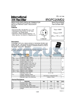 IRGPC20MD2 datasheet - INSULATED GATE BIPOLAR TRANSISTOR WITH ULTRAFAST SOFT RECOVERY(Vces=600V, @Vge=15V, Ic=8.0A)